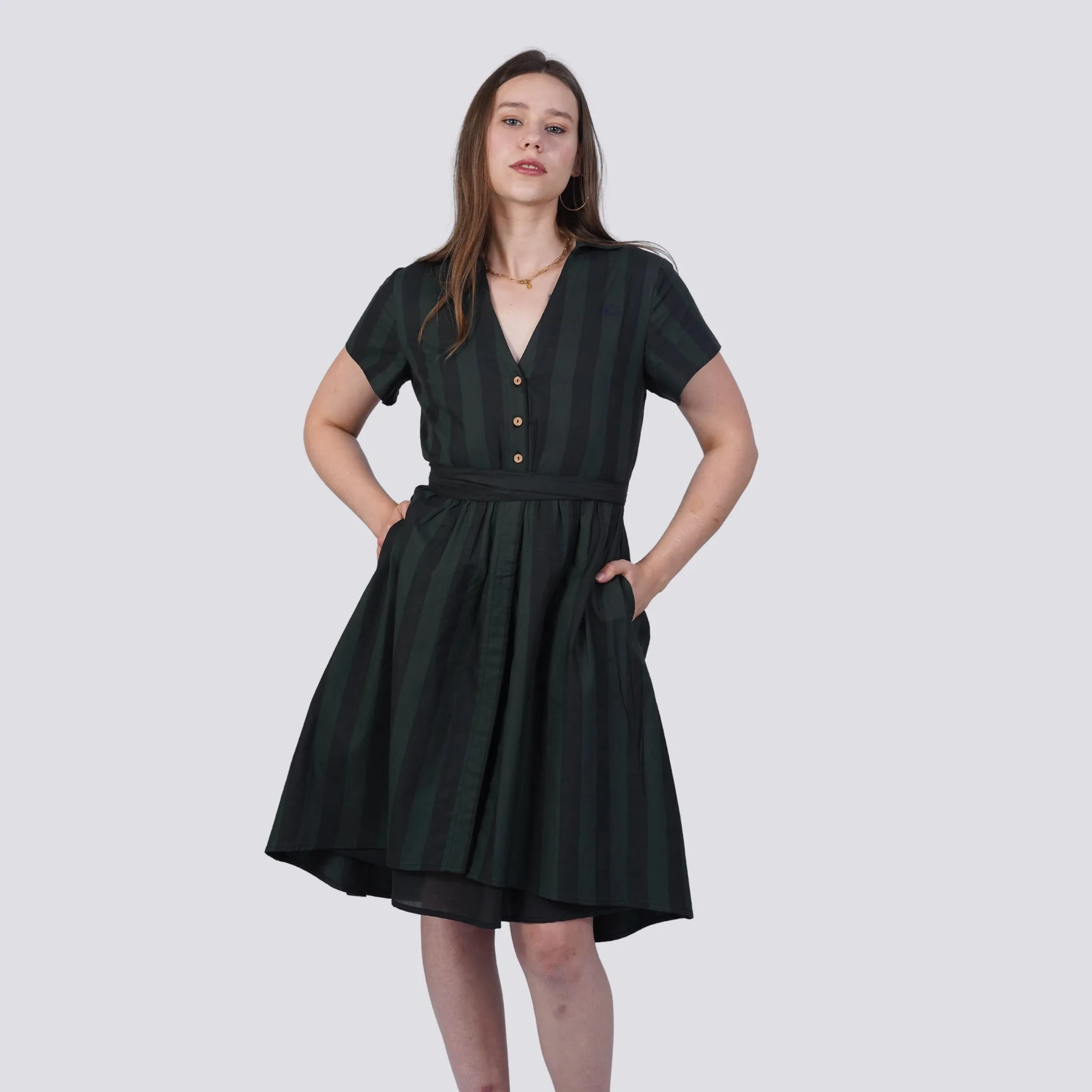 Elevate Your Style Sustainably: Green & Black Striped Elegance Shirt Dress