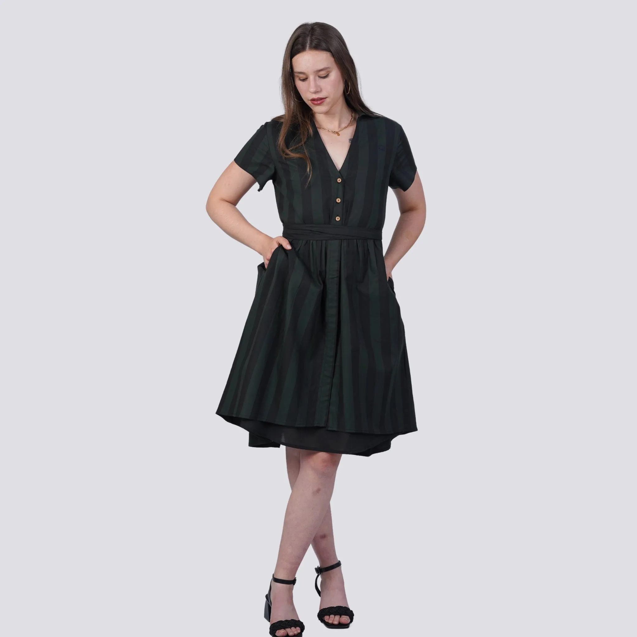 Elevate Your Style Sustainably: Green & Black Striped Elegance Shirt Dress