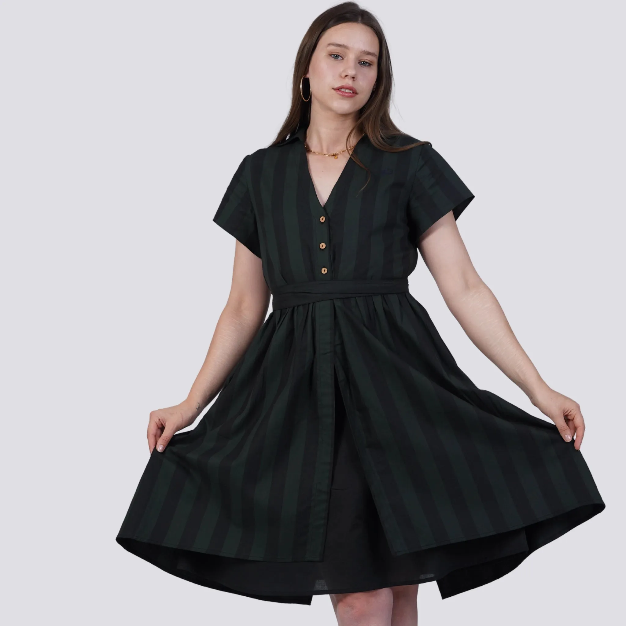 Elevate Your Style Sustainably: Green & Black Striped Elegance Shirt Dress