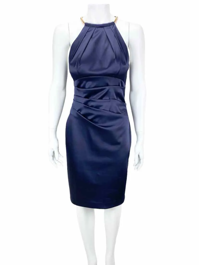 Eliza J Women's Gold-Trim Halter Event Dress Navy Size 4