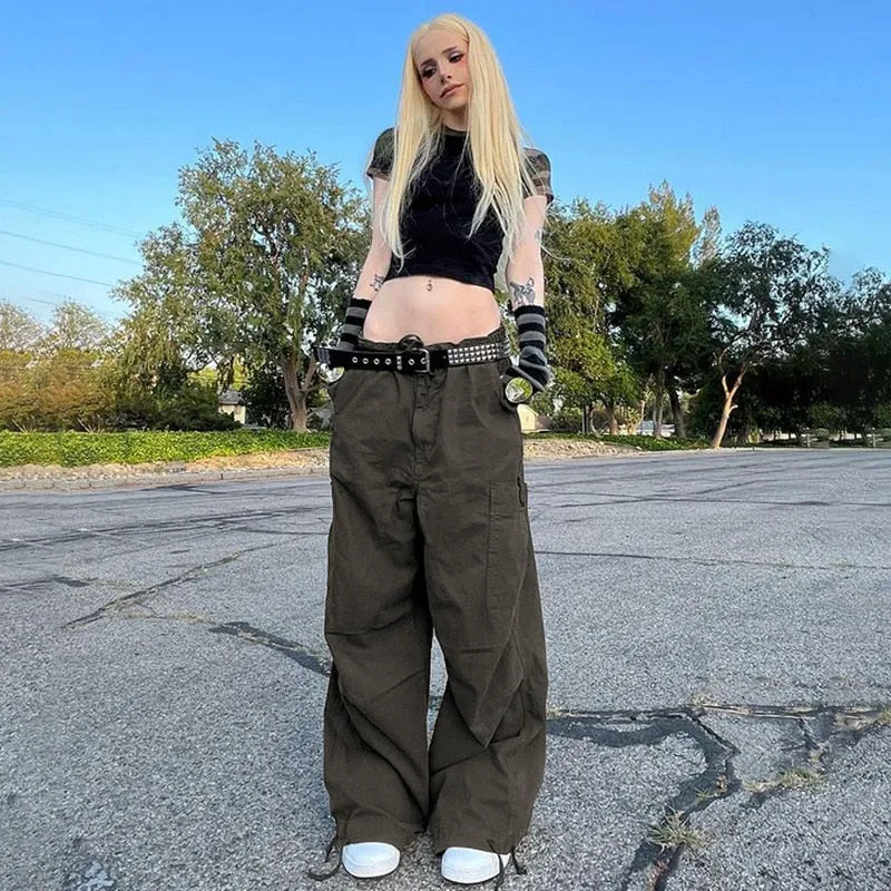 Fashionkova   Drawstring Loose Low Waist Cargo Pants Women Y2K Hippie Streetwear Wide Leg Sweatpants Casual Fashion Trousers Baggy Joggers New