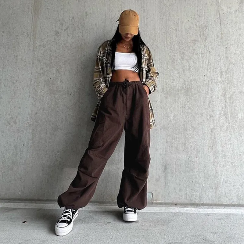 Fashionkova   Drawstring Loose Low Waist Cargo Pants Women Y2K Hippie Streetwear Wide Leg Sweatpants Casual Fashion Trousers Baggy Joggers New