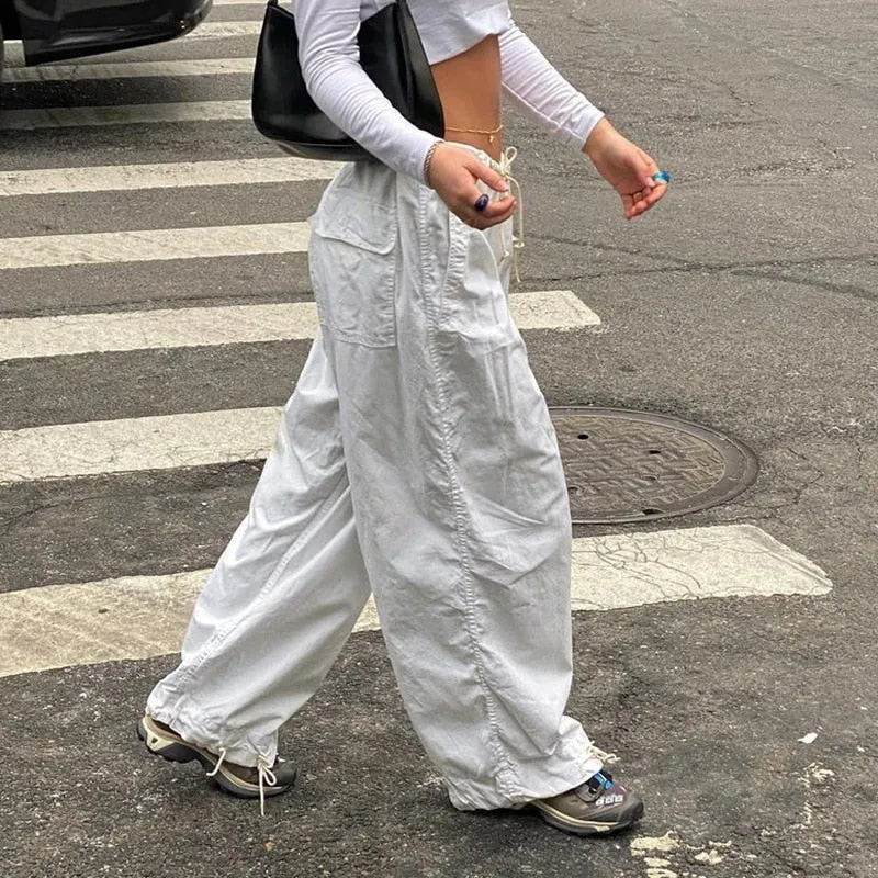 Fashionkova   Drawstring Loose Low Waist Cargo Pants Women Y2K Hippie Streetwear Wide Leg Sweatpants Casual Fashion Trousers Baggy Joggers New