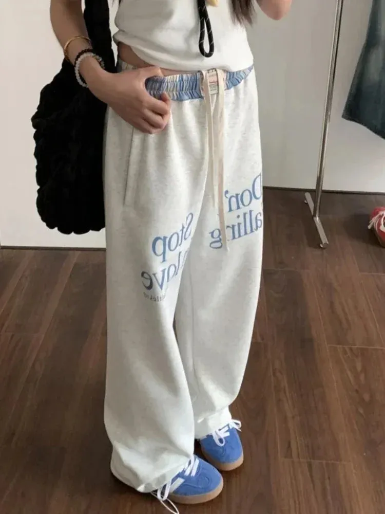 Fashionkova  Vintage Women Sweatpants Baggy Korean Preppy Style Retro Trousers Streetwear Y2k Letter Printed Wide Leg Patchwork Pants