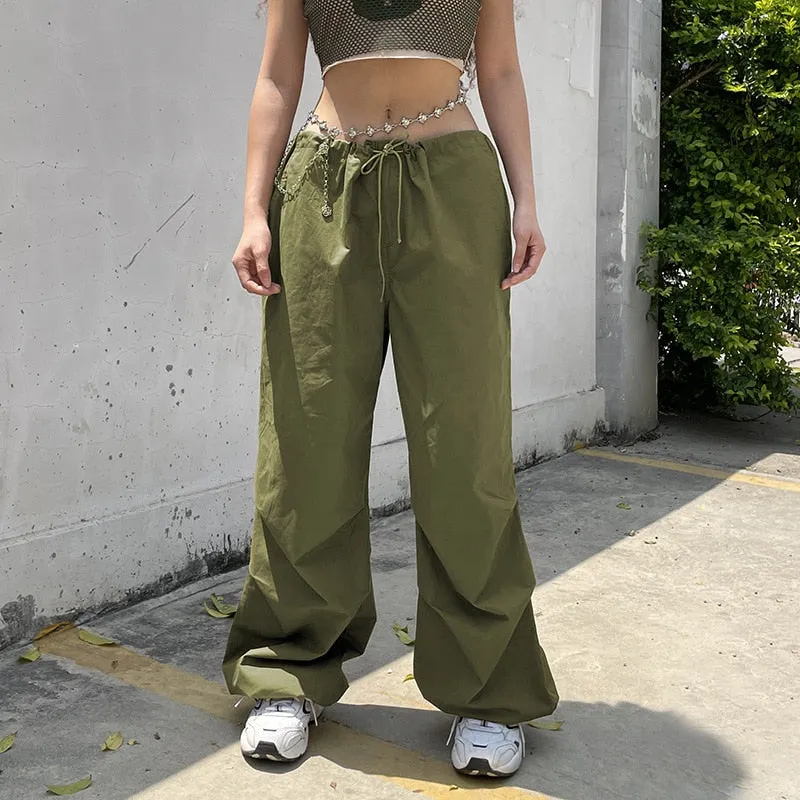 Fashionkova  Y2K Baggy Cargo Pants Women Drawstring Low Waist Sweatpants Vintage Casual Streetwear Loose Wide Leg Trousers Parachute Pants