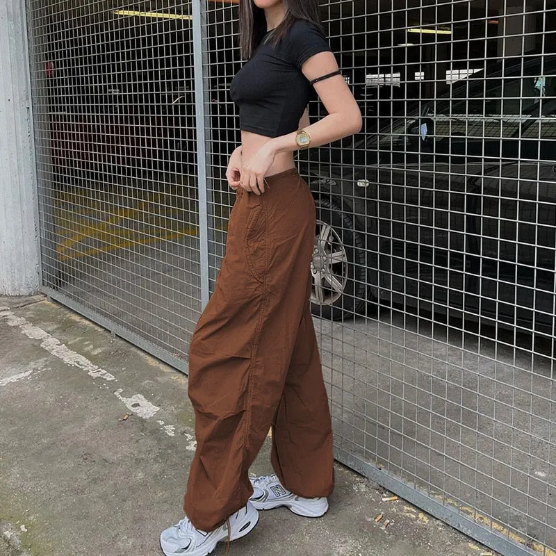 Fashionkova  Y2K Baggy Cargo Pants Women Drawstring Low Waist Sweatpants Vintage Casual Streetwear Loose Wide Leg Trousers Parachute Pants