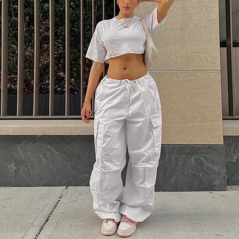 Fashionkova  Y2K Baggy Cargo Pants Women Drawstring Low Waist Sweatpants Vintage Casual Streetwear Loose Wide Leg Trousers Parachute Pants