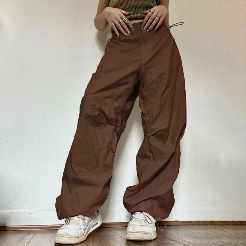 Fashionkova  Y2K Baggy Cargo Pants Women Drawstring Low Waist Sweatpants Vintage Casual Streetwear Loose Wide Leg Trousers Parachute Pants