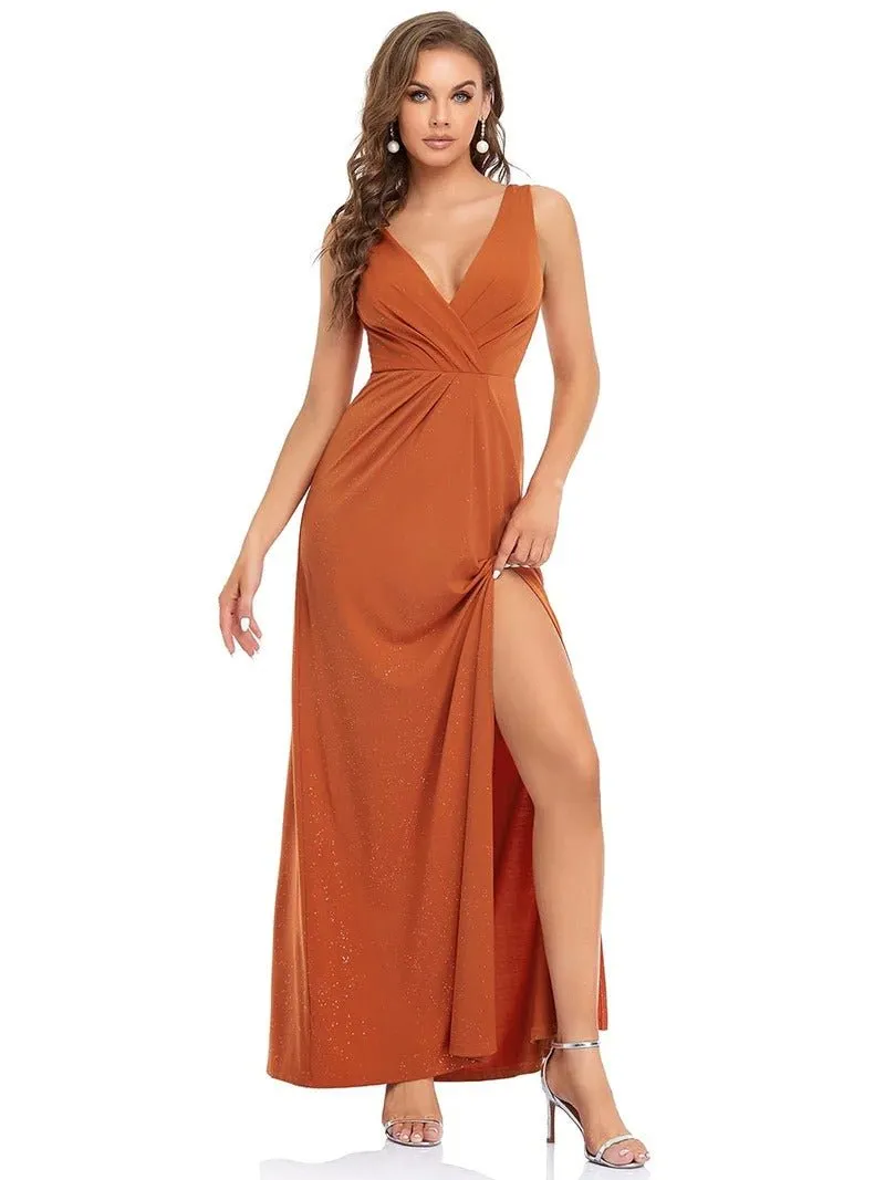 Floor Length V Neck Shimmery Formal Dresses With Side Split