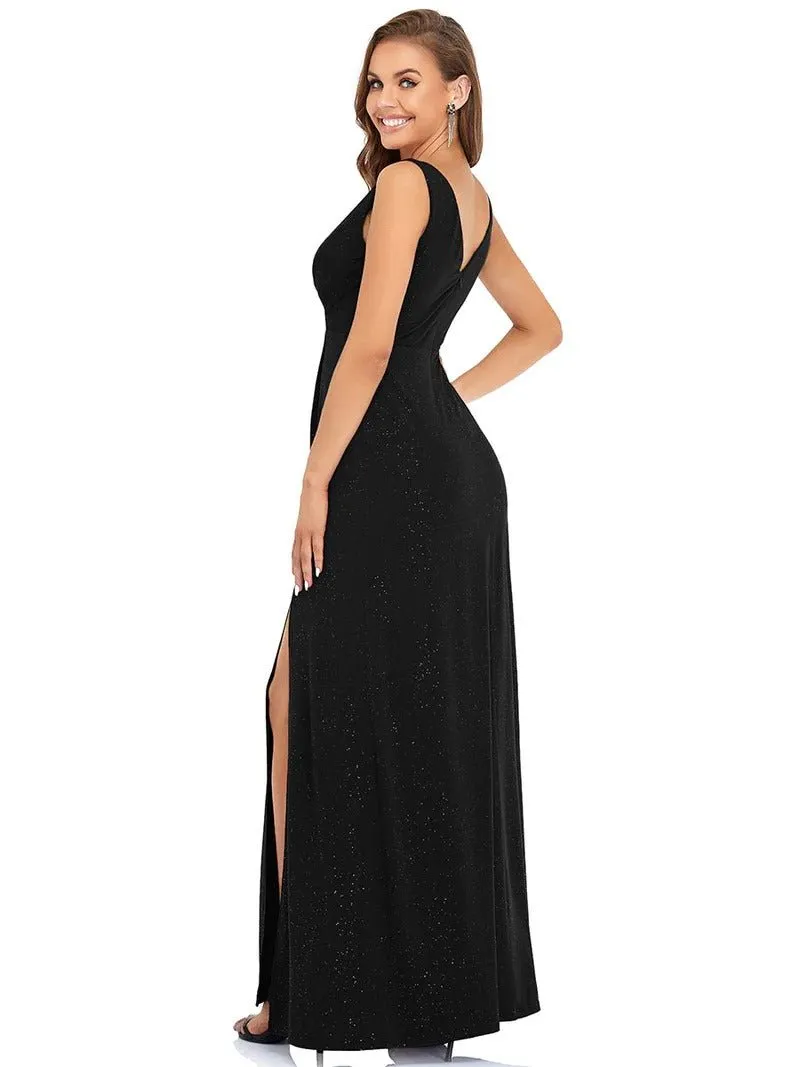 Floor Length V Neck Shimmery Formal Dresses With Side Split