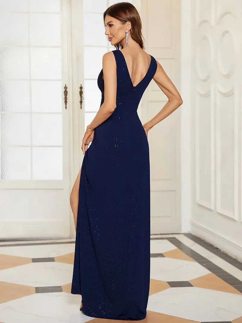 Floor Length V Neck Shimmery Formal Dresses With Side Split