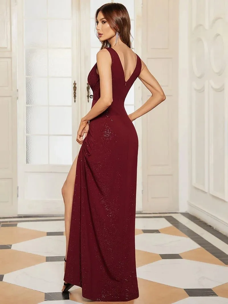 Floor Length V Neck Shimmery Formal Dresses With Side Split