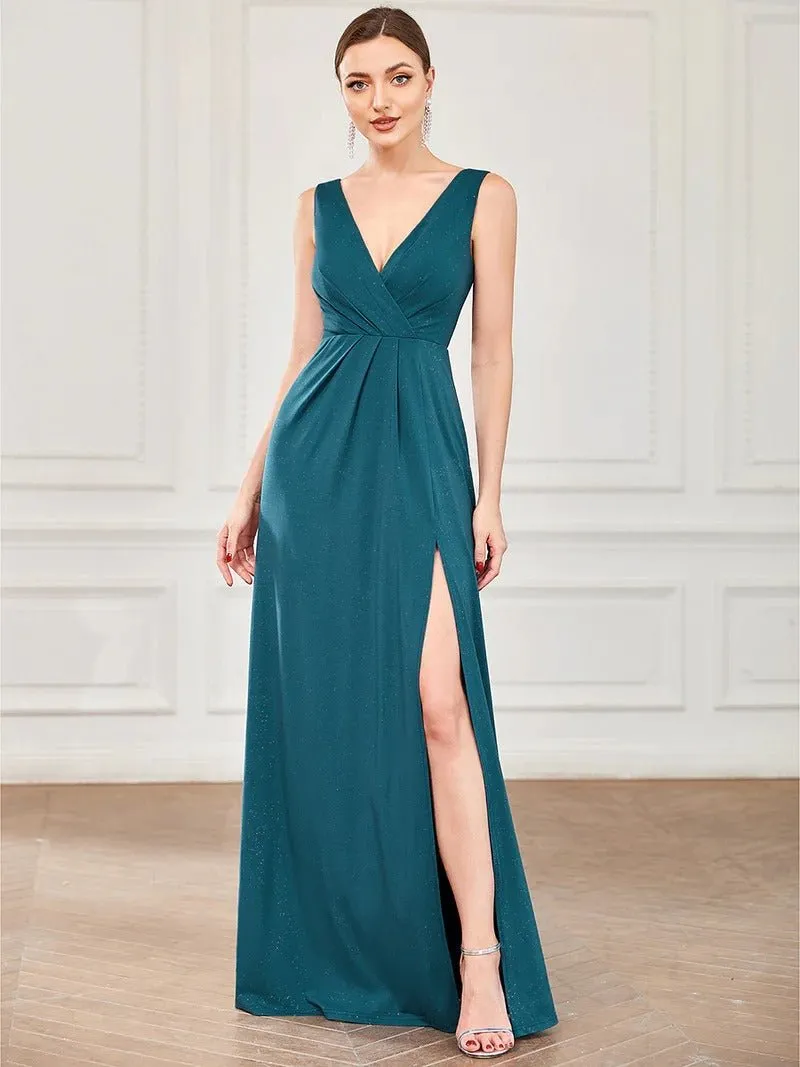 Floor Length V Neck Shimmery Formal Dresses With Side Split