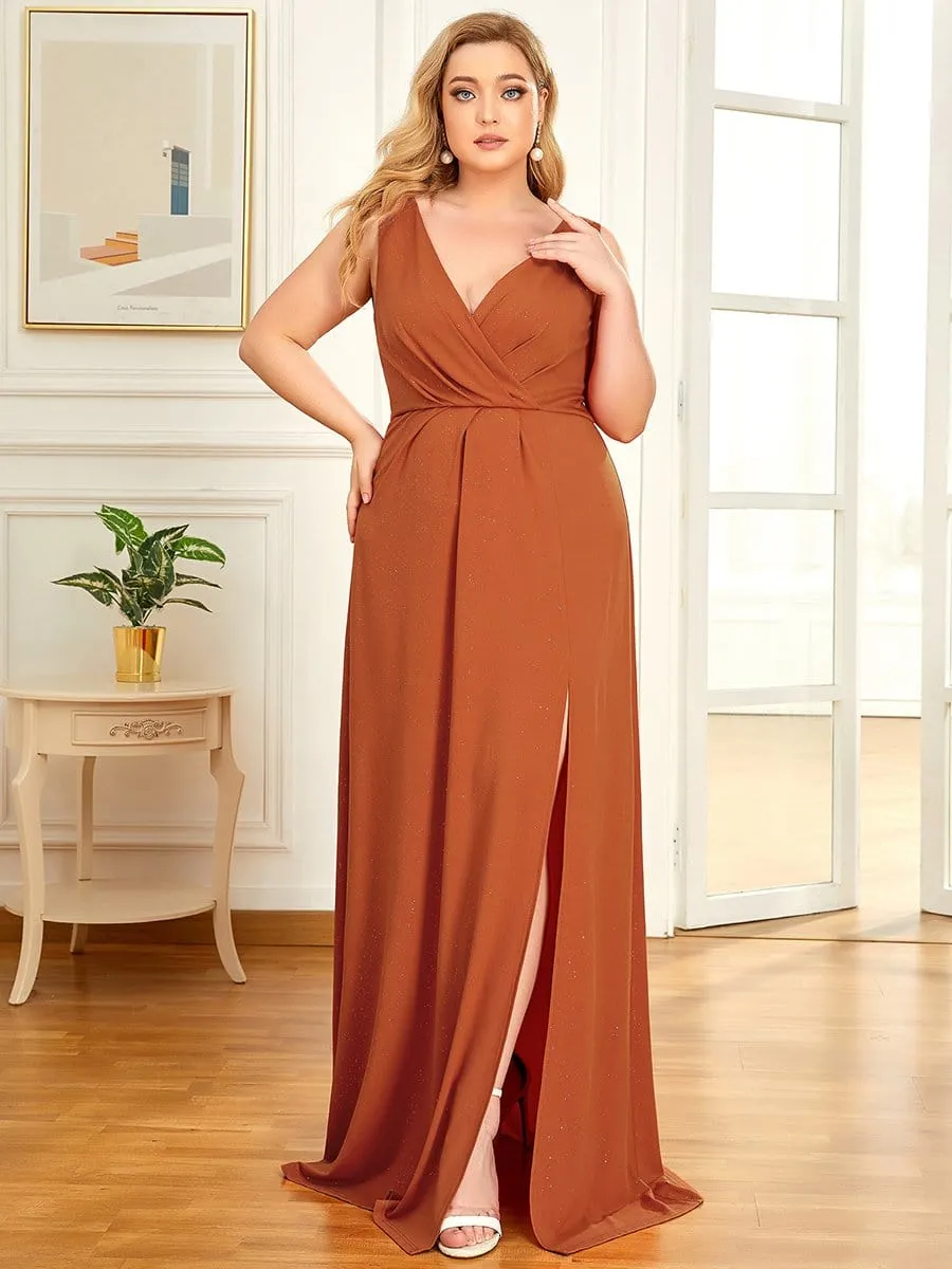 Floor Length V Neck Shiny Evening Dress with Side Split