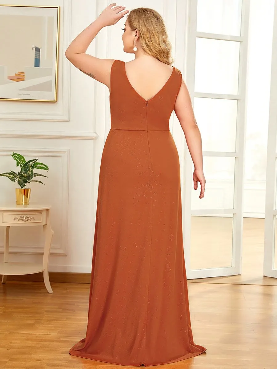 Floor Length V Neck Shiny Evening Dress with Side Split