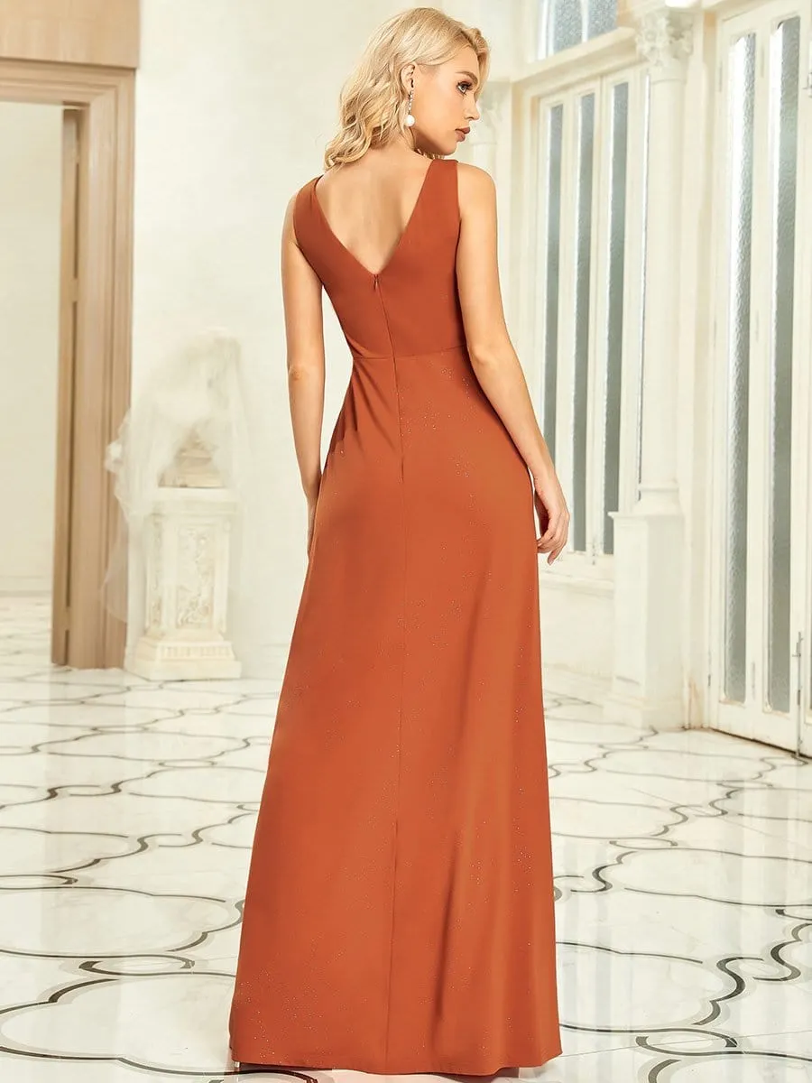 Floor Length V Neck Shiny Evening Dress with Side Split