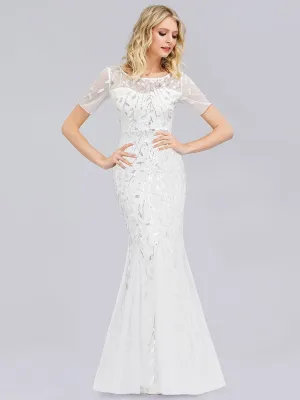 Floral Sequin Outdoor Wedding Dress with Short Sleeves