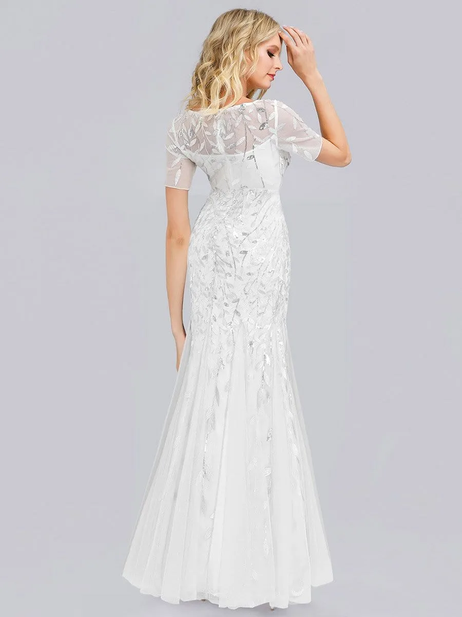 Floral Sequin Outdoor Wedding Dress with Short Sleeves