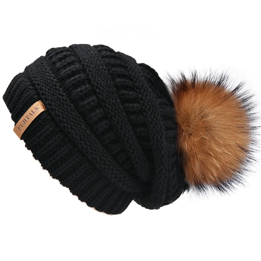 FURTALK Women Winter Slouchy Real Fur Pompom Hats Drop Shipping A003