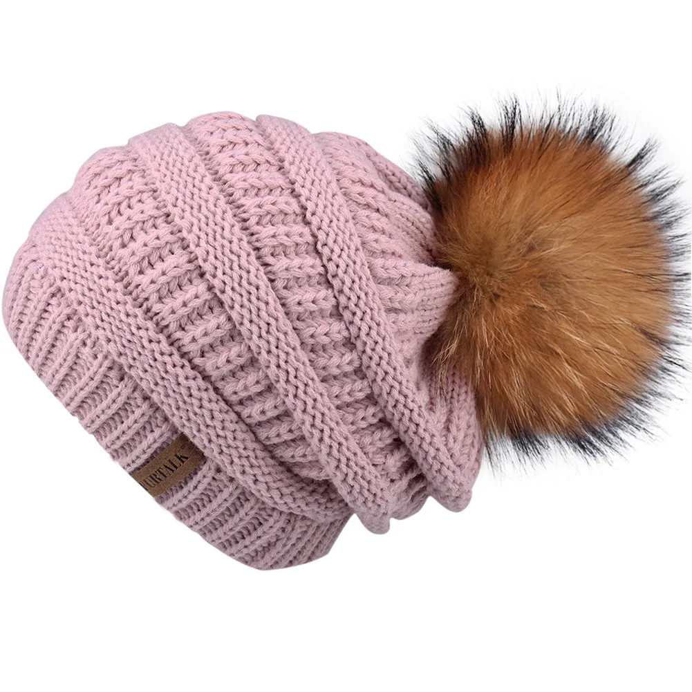 FURTALK Women Winter Slouchy Real Fur Pompom Hats Drop Shipping A003