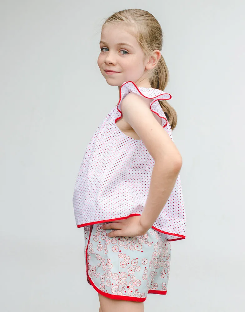 Gidget Shorts, girls shorts pdf sewing pattern sizes 2 to 14 years.