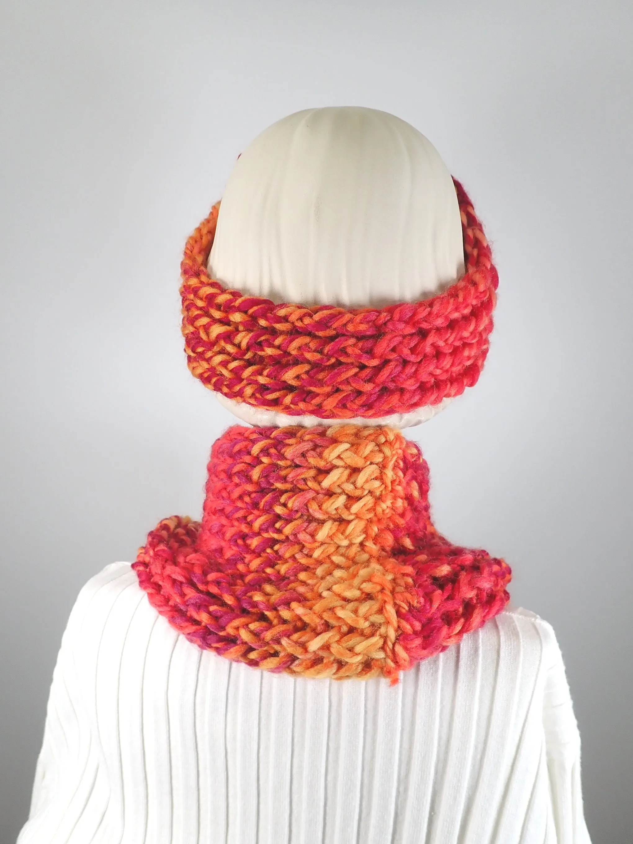 Gifts for her. Hand knitted vividly colored chunky headband and infinity scarf set