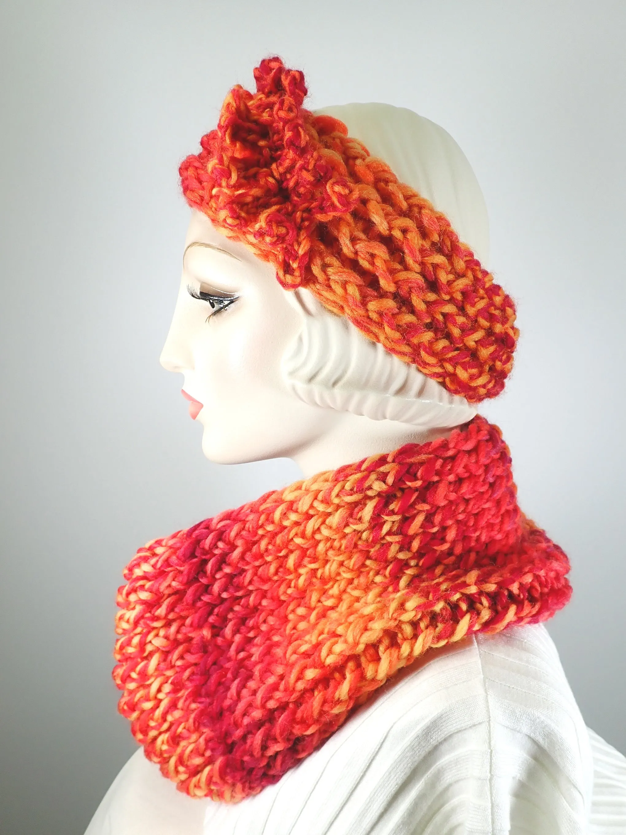 Gifts for her. Hand knitted vividly colored chunky headband and infinity scarf set