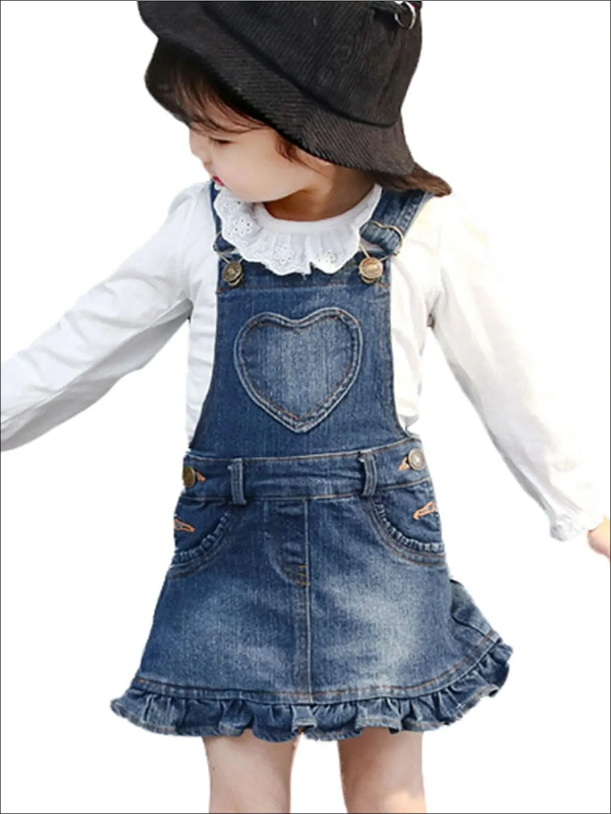 Girls Denim Overall Dress with Heart Pocket