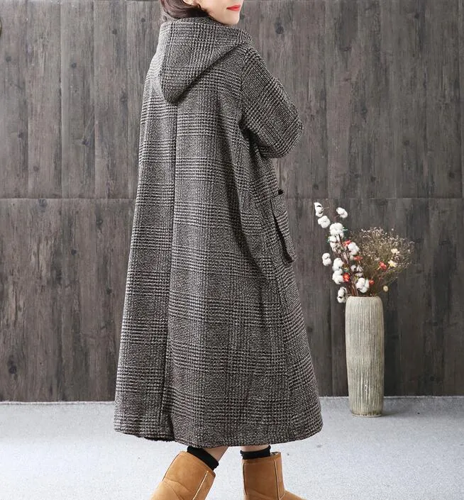 Gray Women Coat Handmade Bat Sleeve loose Hooded Women Wool Coat Jacket