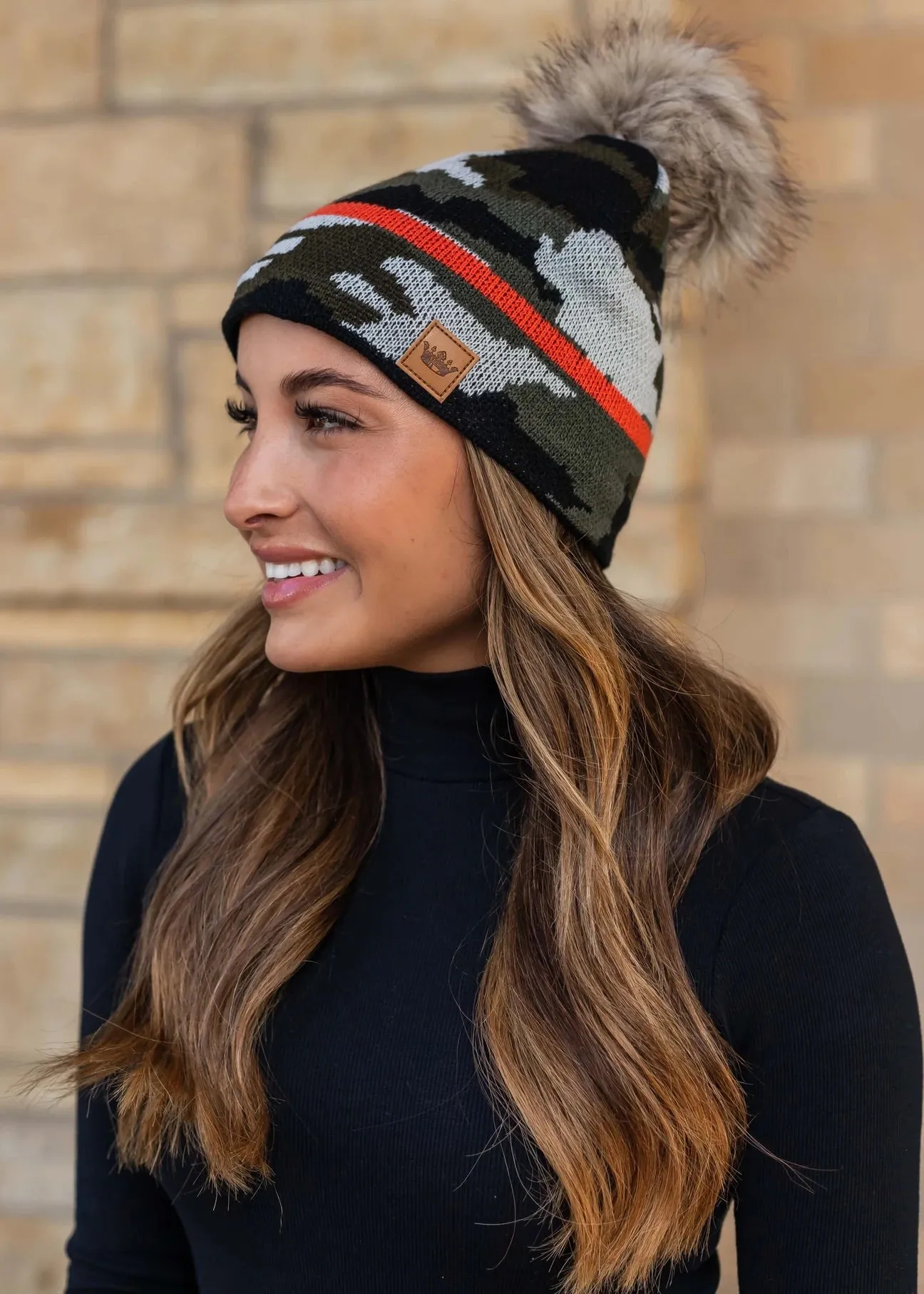 Green Camo Knit Hat with Orange Stripe