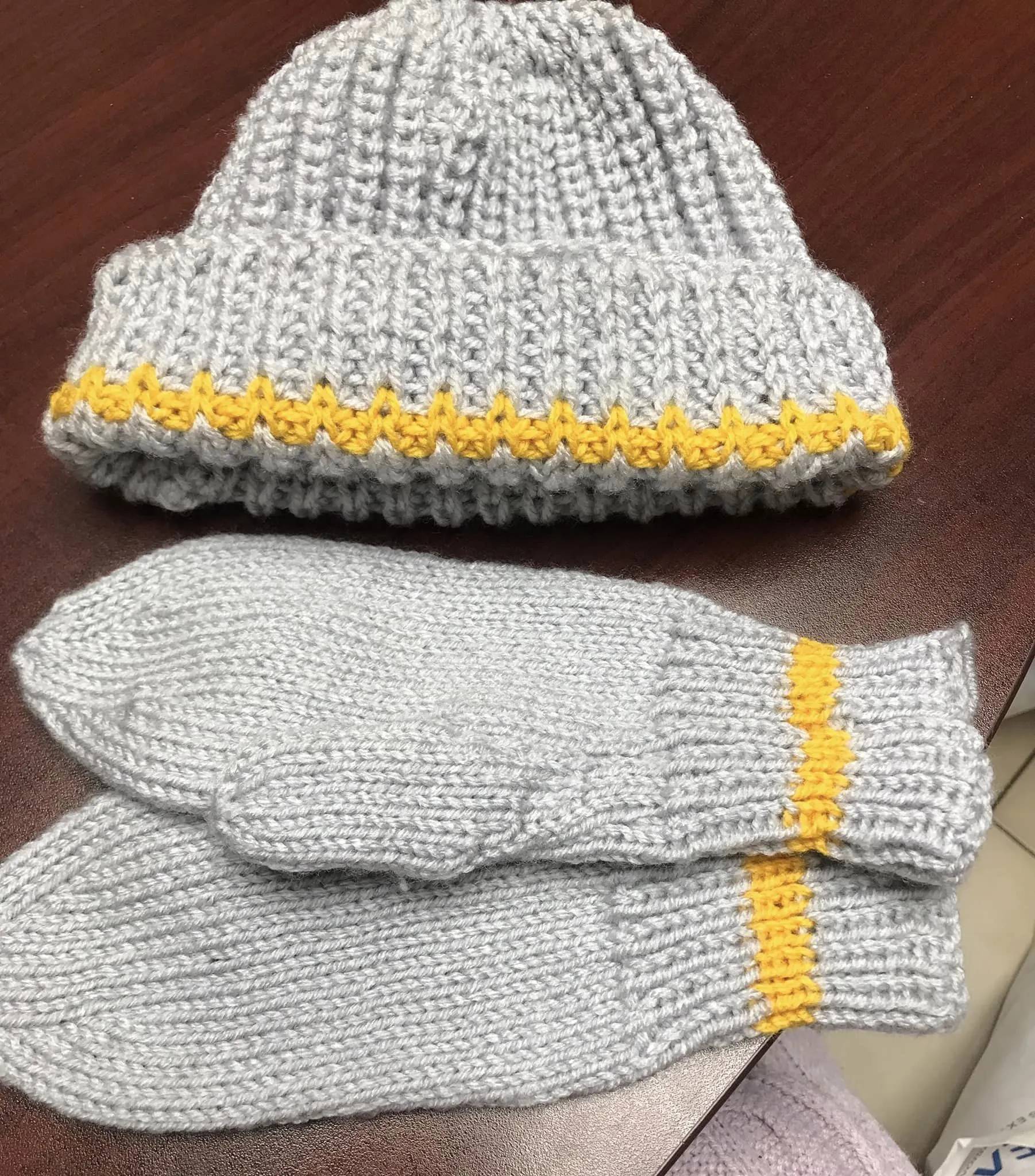 Grey and Yellow Trim Mitt and Hat Set