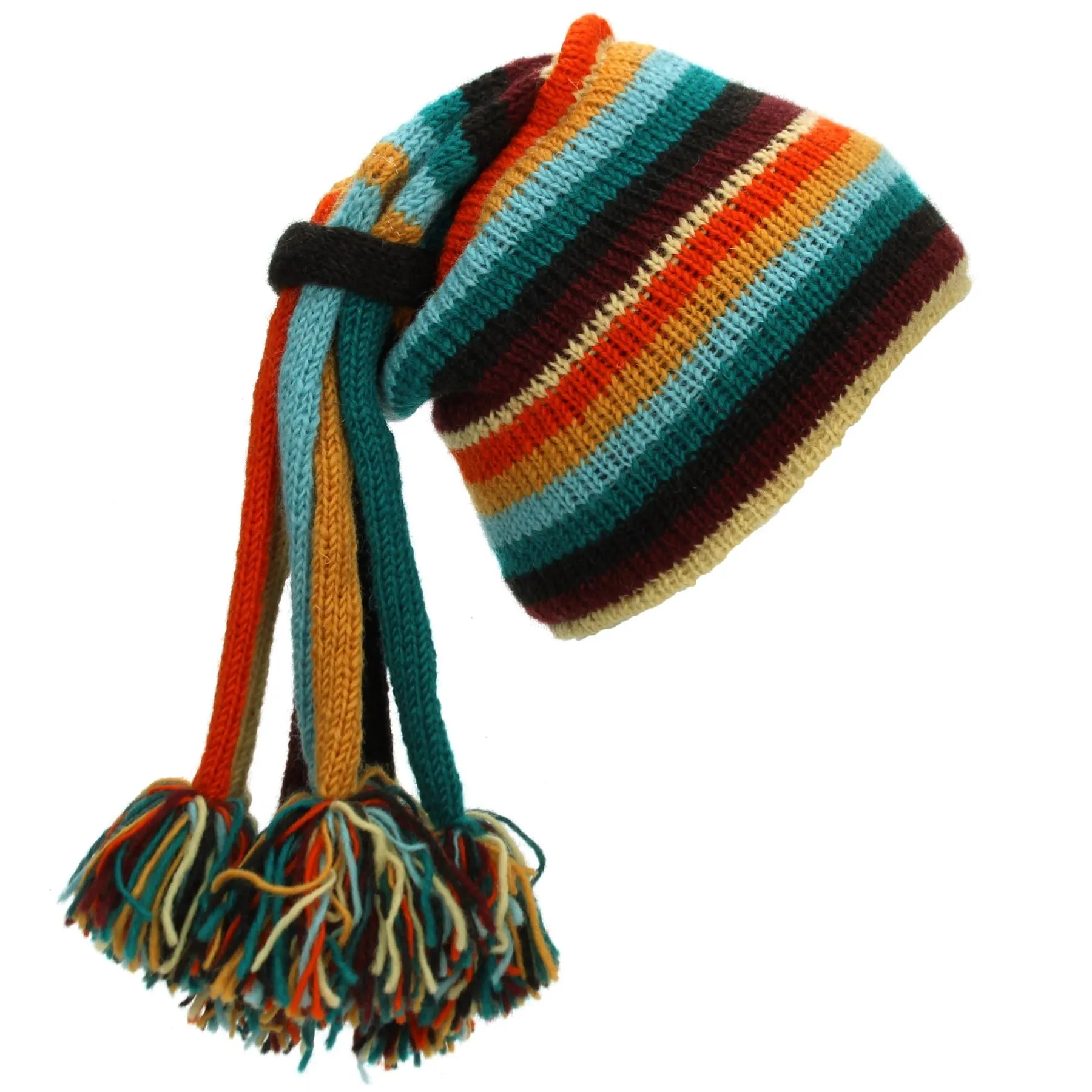 Hand Knitted Beanie Fountain Tassel Hat - Stripe Retro D