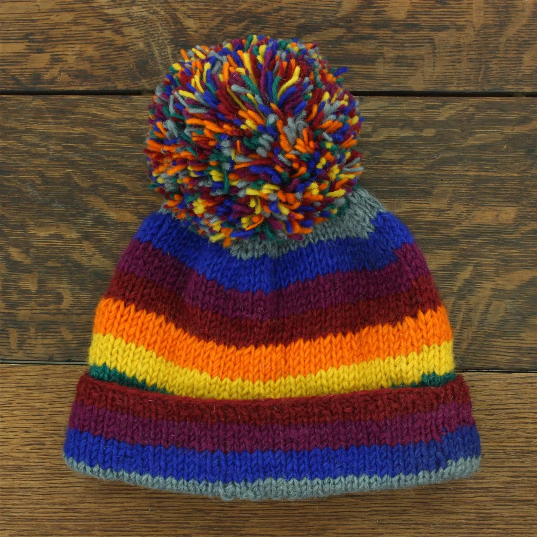 Hand Knitted Wool Beanie Bobble Hat - Stripe Rainbow 2