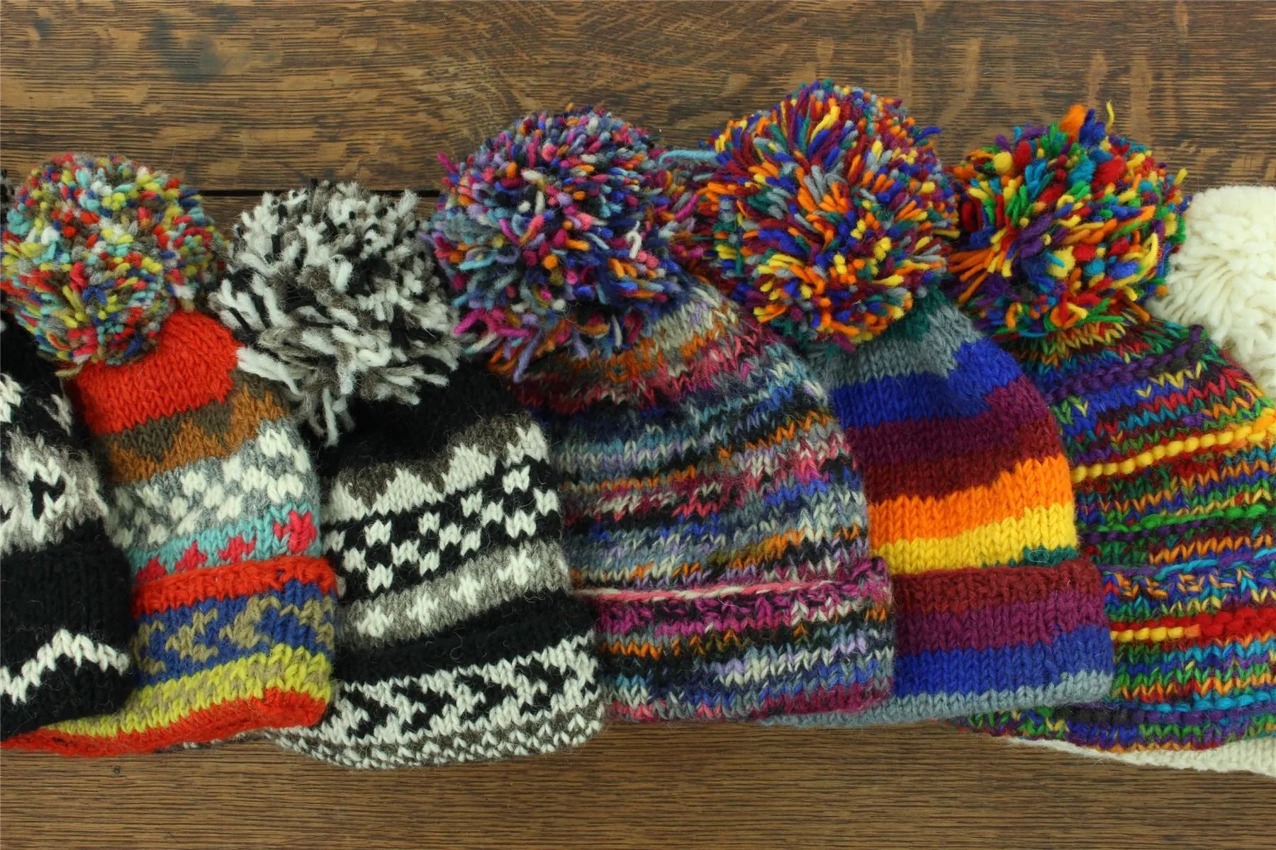 Hand Knitted Wool Beanie Bobble Hat - Stripe Rainbow 2