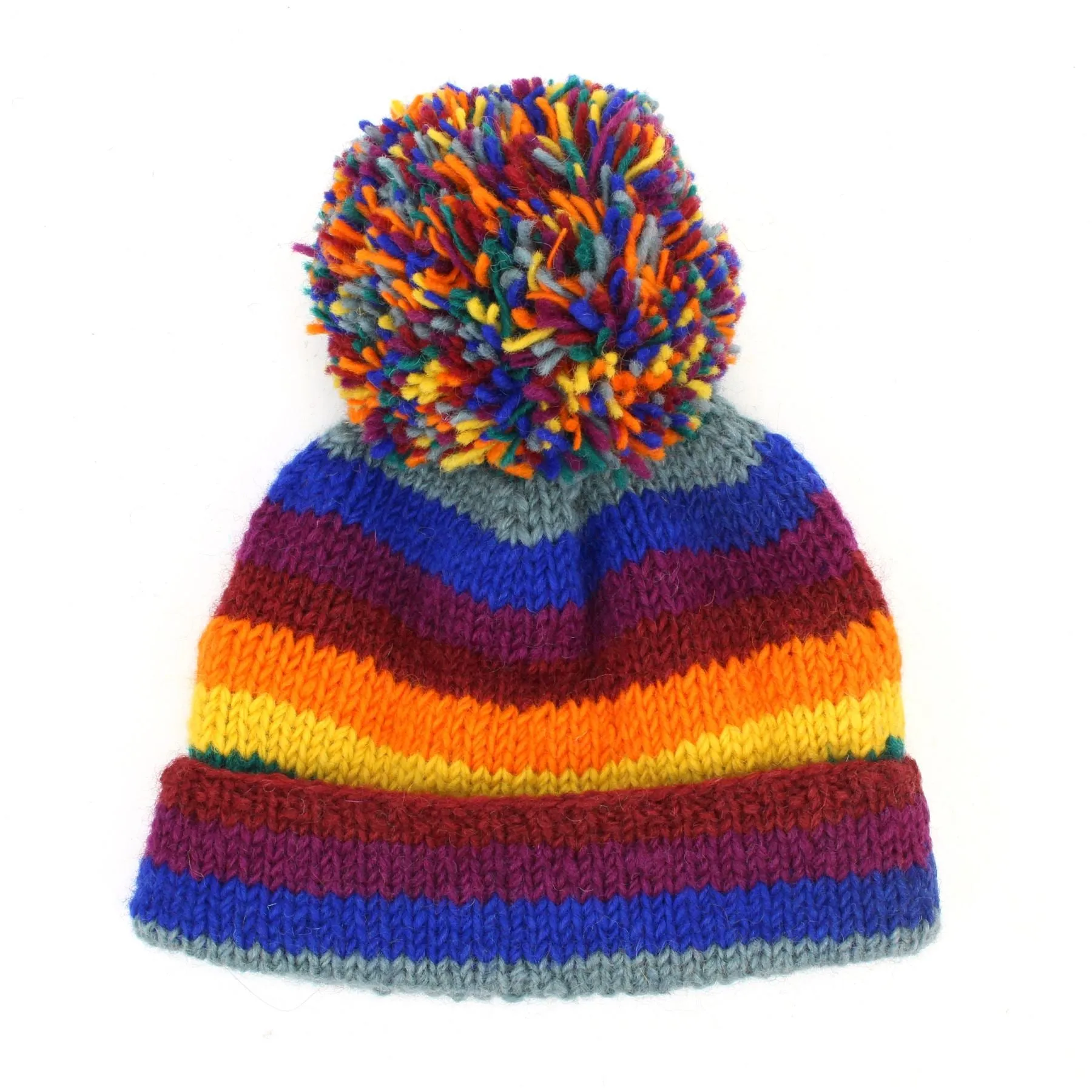 Hand Knitted Wool Beanie Bobble Hat - Stripe Rainbow 2