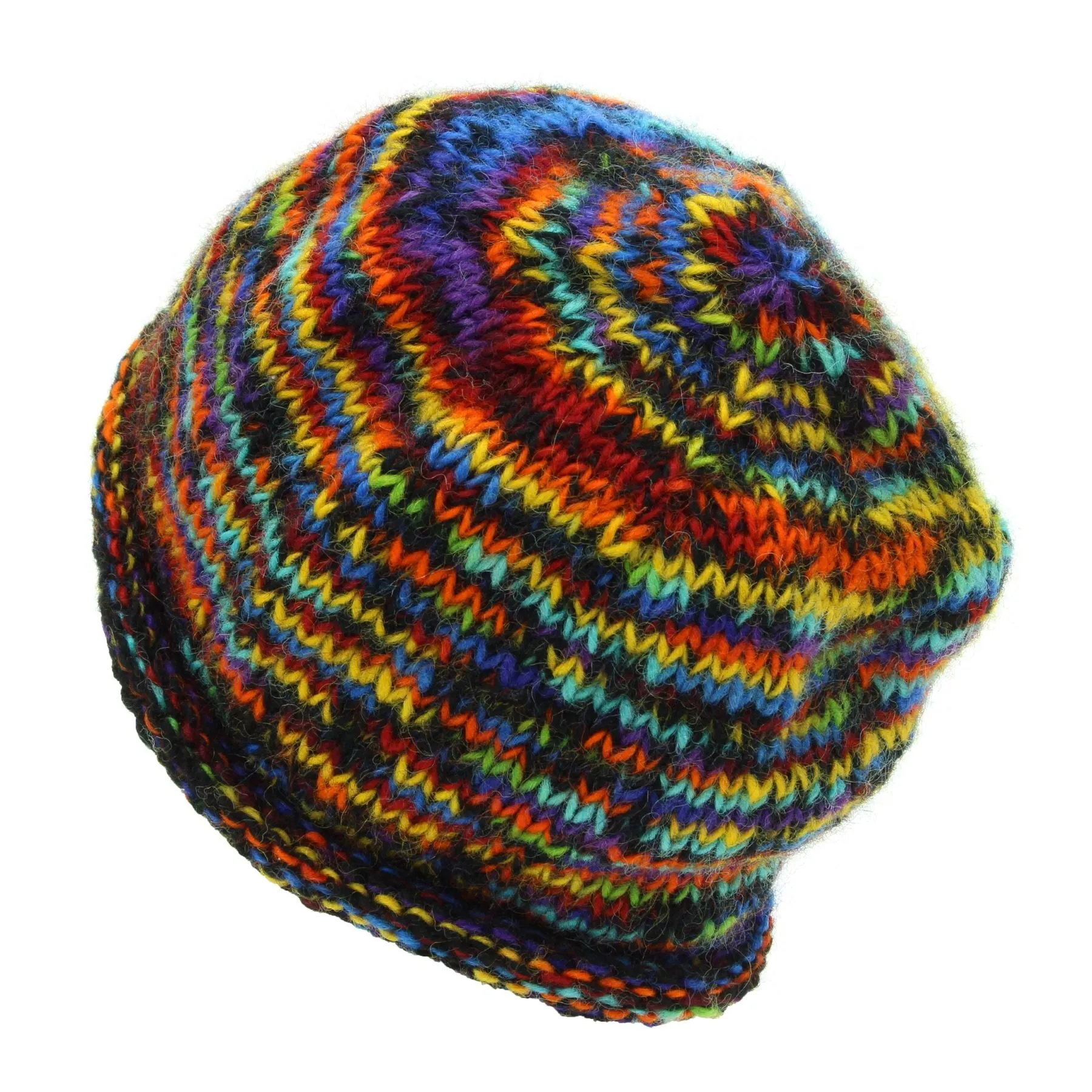 Hand Knitted Wool Beanie Hat - SD Black Rainbow