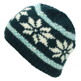 Hand Knitted Wool Beanie Hat - Snowflake Dark Teal