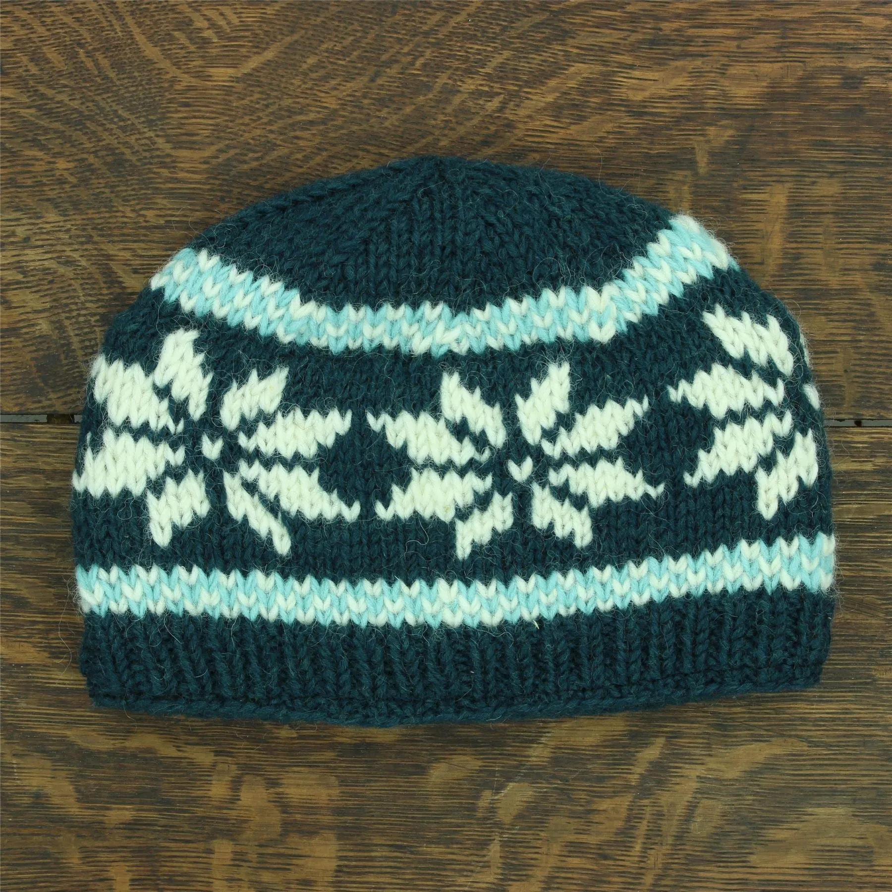 Hand Knitted Wool Beanie Hat - Snowflake Dark Teal