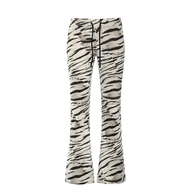 Harajuku Skinny Zebra Stripe Pattern Flare Pants Women Streetwear Casual Low Waist Trousers Sweatpants Bottoms Retro