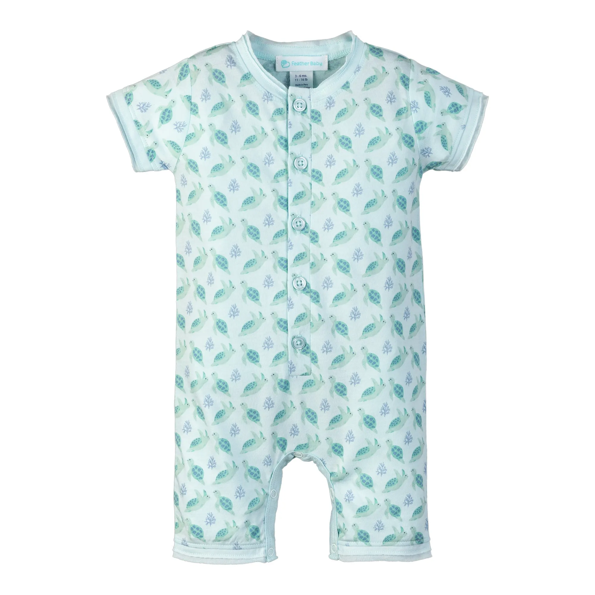 Henley Romper - Leatherback Turtles on Aqua 100% Pima Cotton