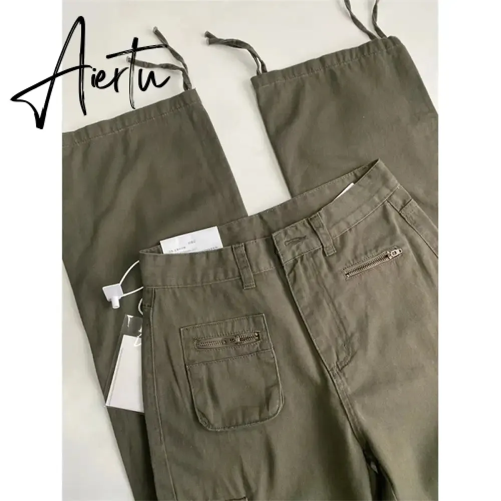 High Street Retro Pocket Cargo Pants Women Army Green Loose High Waist Sweatpants American Casual Y2K Woman Pants Autumn