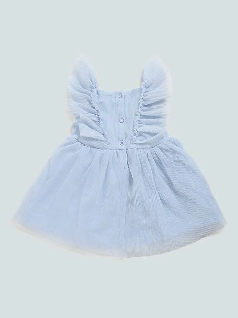 HOP Baby Blue Self Striped Shimmery Dress