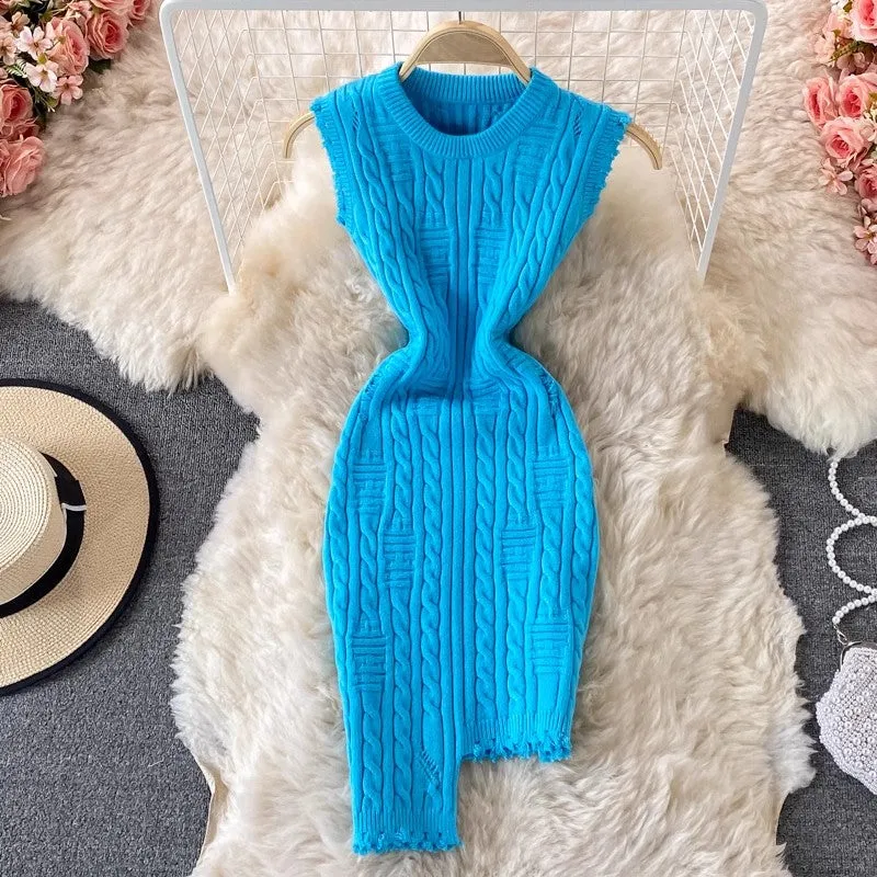 Irregular Sleeveless Vest Knitted Dress Round Neck  Sweater Skirt Women      S4302