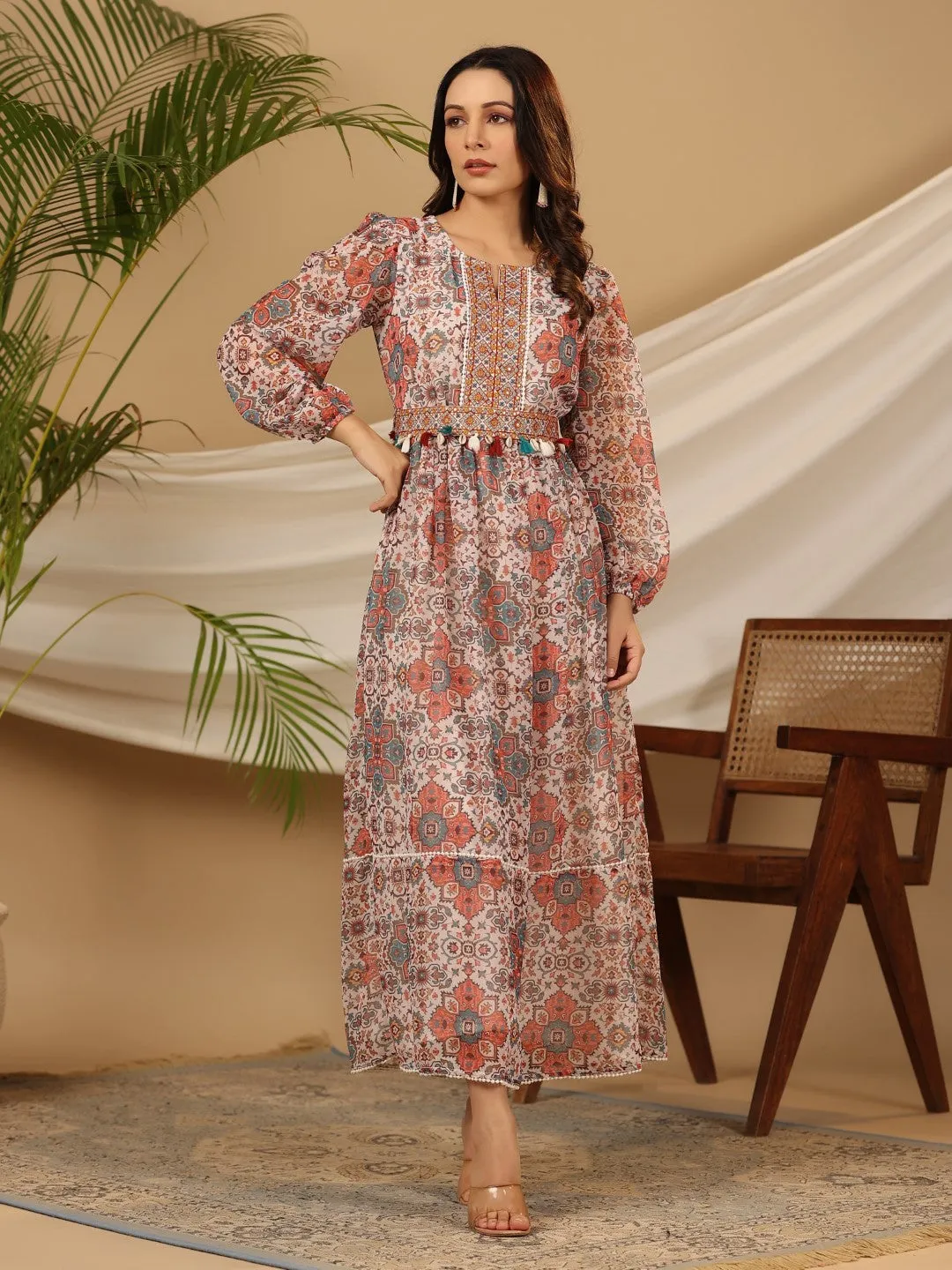 Jashvi Multi-Colour Ethnic Motif Printed Chiffon Maxi Dress With Mirror Work