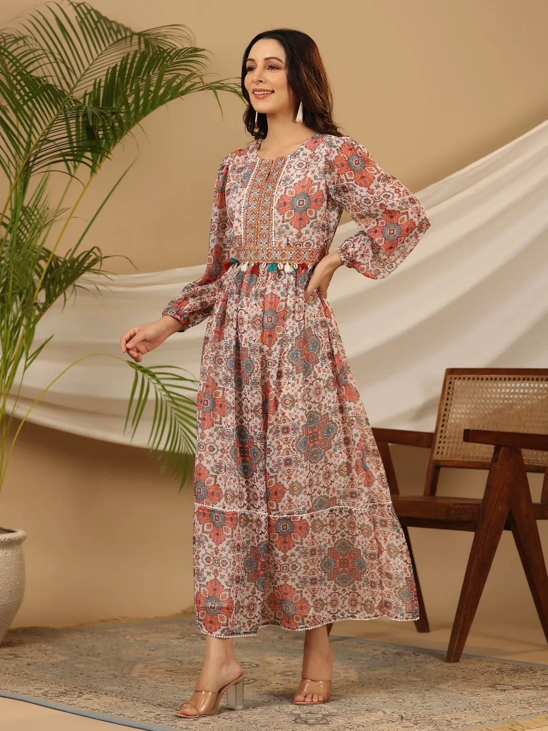 Jashvi Multi-Colour Ethnic Motif Printed Chiffon Maxi Dress With Mirror Work