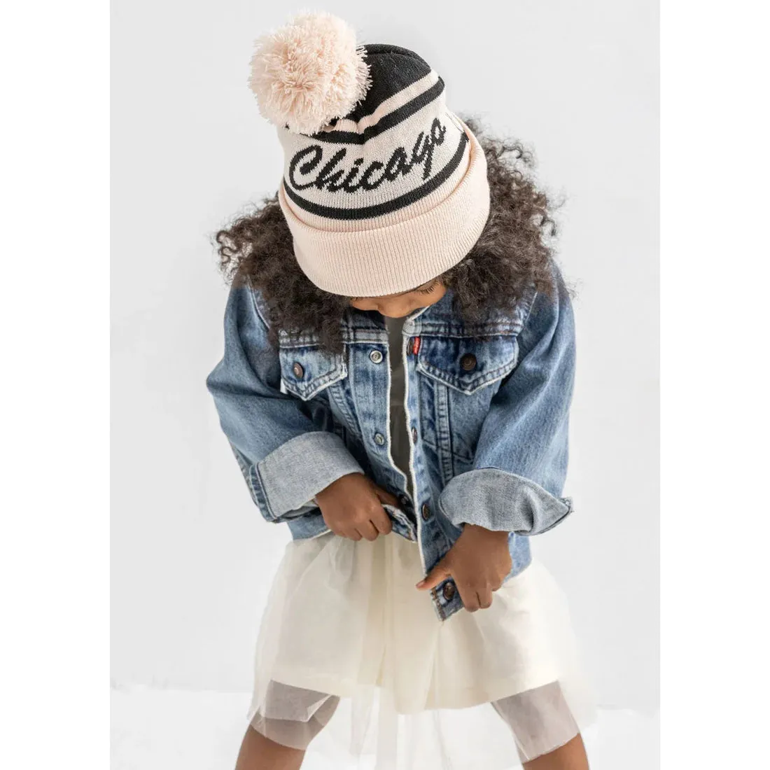 Kids & Toddler Chicago Pom Beanie in Black Script