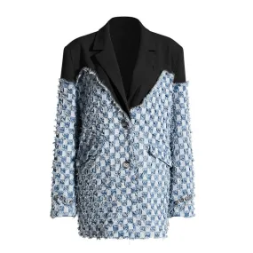 Korean Patchwork Denim Blazer For Women Notched Collar Long Sleeve Raw Hem ColorBlock Blazers Female Clothing Style