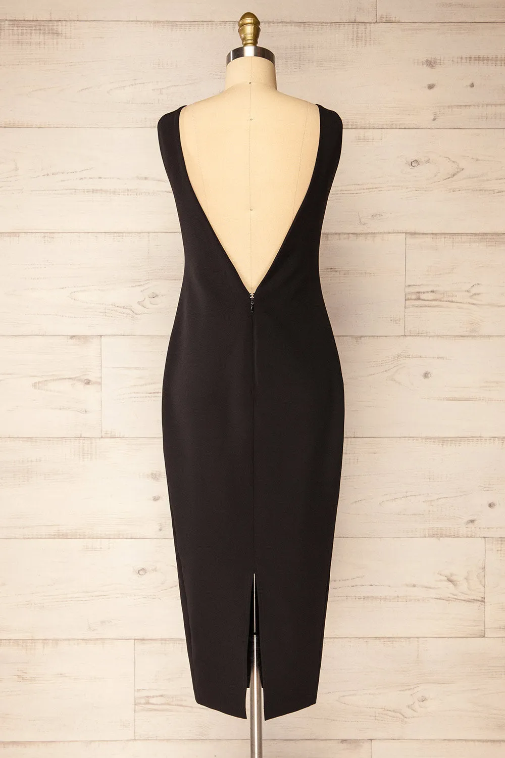 Kovna Black | Fitted Midi Dress w/ Open Back