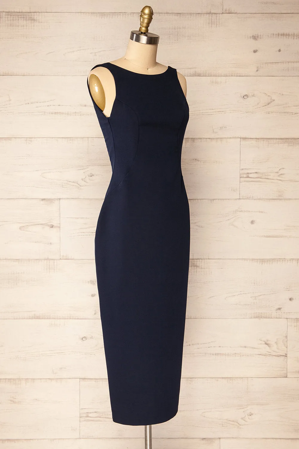 Kovna Navy | Fitted Midi Dress w/ Open Back