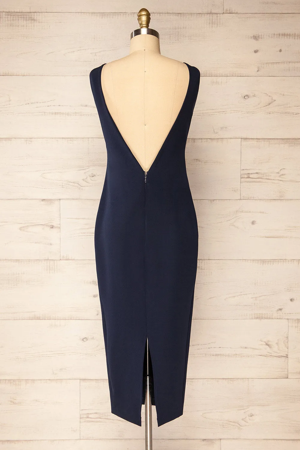 Kovna Navy | Fitted Midi Dress w/ Open Back